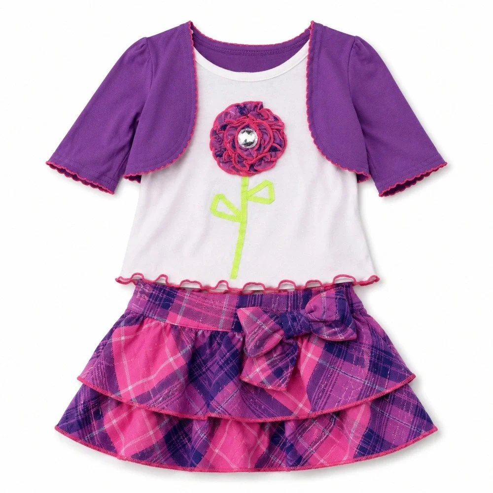 Dollie & Me Girls 6X Matching Outfit Set Purple Pink Plaid Skirt Bolero 3 PC NEW